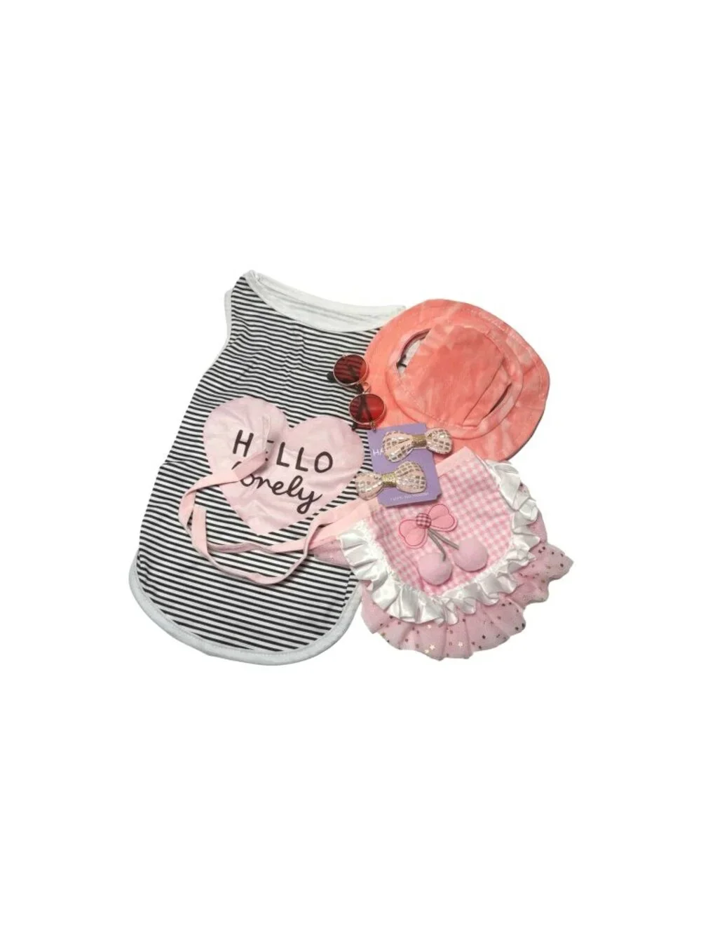 Hello Lovely Dog Outfit Set | Sun Hat, Sunglasses & Skirt